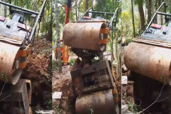 നിയന്ത്രണം നഷ്ടമായ റോഡ് റോളർ വീണത് കിണറ്റിലേക്ക്