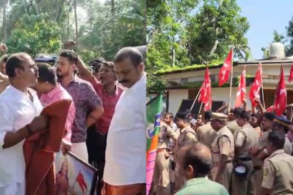 മന്ത്രി പി പ്രസാദിന്റെ വീടിന് മുൻപിൽ ആർഎസ്എസ് ഭാരതാംബയുടെ ചിത്രവുമായി ബിജെപി പ്രവർത്തകർ; സിപിഐ പ്രവർത്തകരെത്തി തടഞ്ഞു; പ്രദേശത്ത് സംഘർഷം